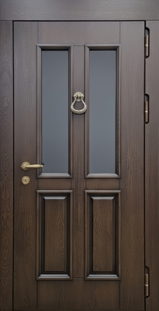 Входная уличная термодверь с остеклением, кнокером и панелями МДФ с багетом и шпоновым покрытием Входная уличная термодверь с остеклением, кнокером и панелями МДФ с багетом и шпоновым покрытием