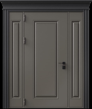 Входная термодверь с металлофиленкой, вставками по бокам, карнизом и порошковым напылением RAL 7022 (тип №10)